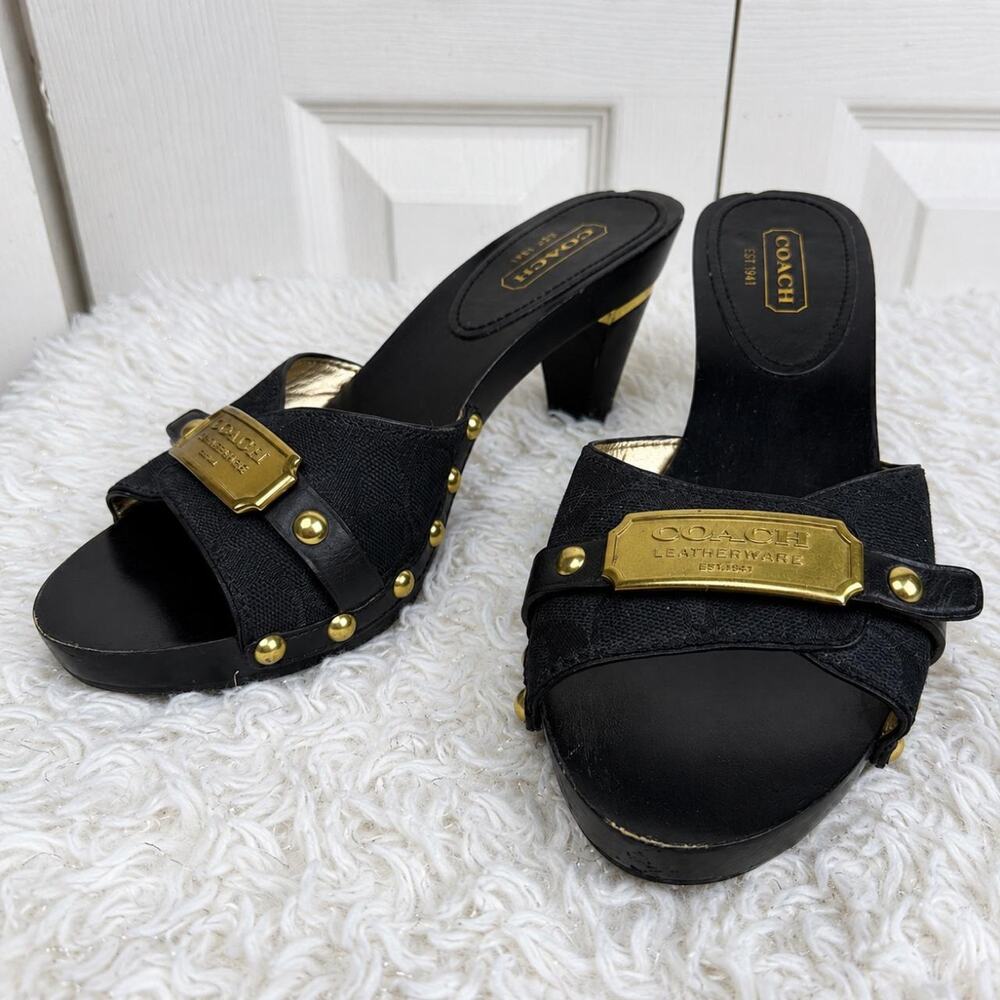 Coach Y2K Black Gold Logo Platform Mule Heels Size 8